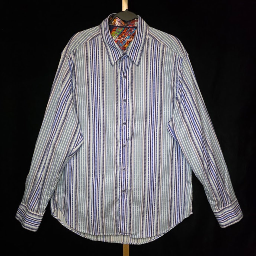 Robert Graham Men's Long Sleeve Shirt Blue/White Stripe 75% Silk Xl